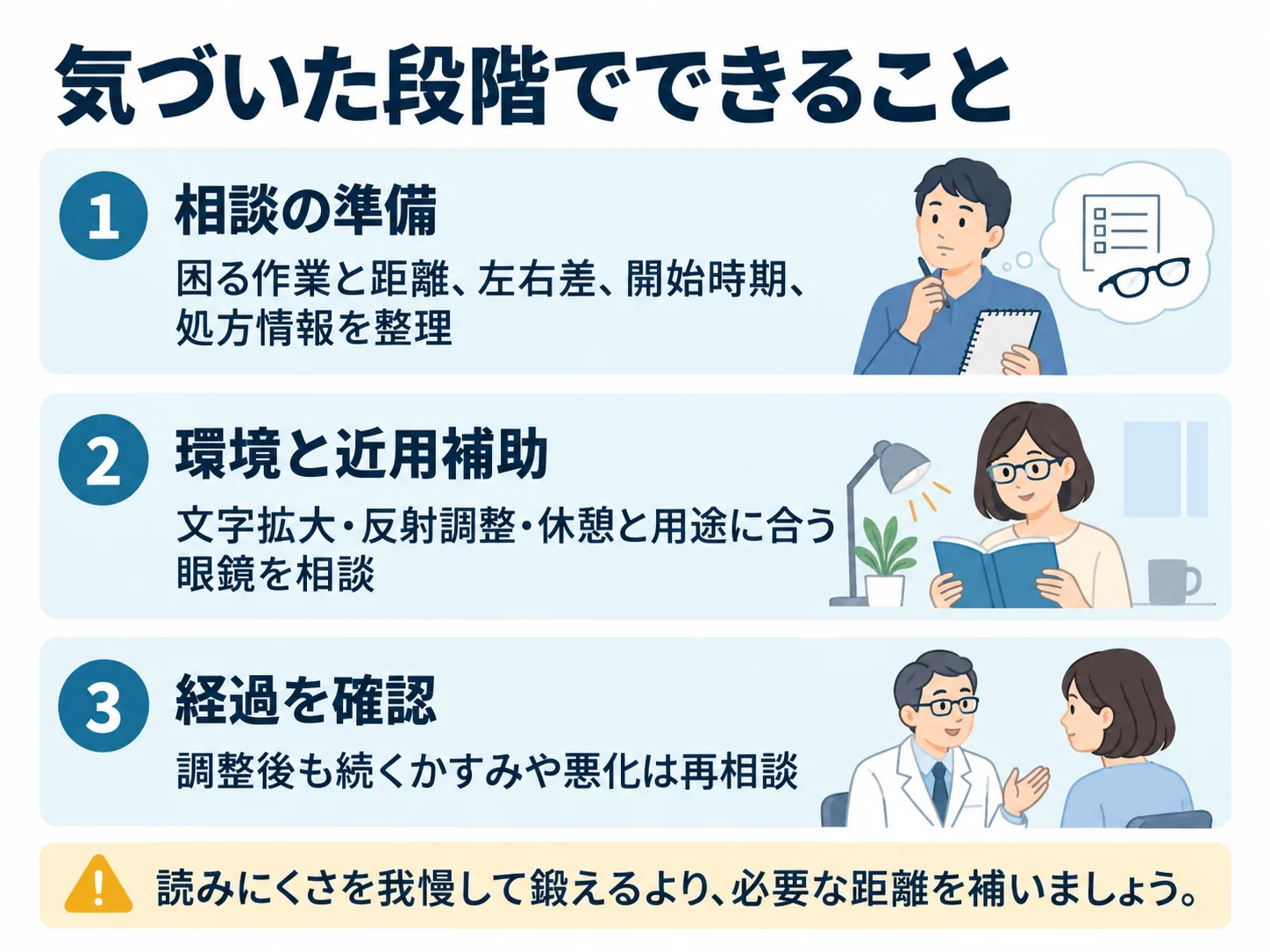 気づいた段階でできること。相談の準備:困る作業と距離、左右差、開始時期、処方情報を整理、環境と近用補助:文字拡大・反射調整・休憩と用途に合う眼鏡を相談、経過を確認:調整後も続くかすみや悪化は再相談