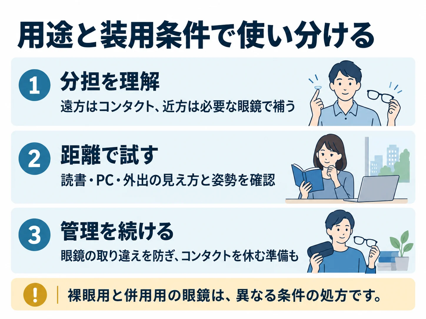 用途と装用条件で使い分ける。分担を理解：遠方はコンタクト、近方は必要な眼鏡で補う、距離で試す：読書・PC・外出の見え方と姿勢を確認、管理を続ける：眼鏡の取り違えを防ぎ、コンタクトを休む準備も