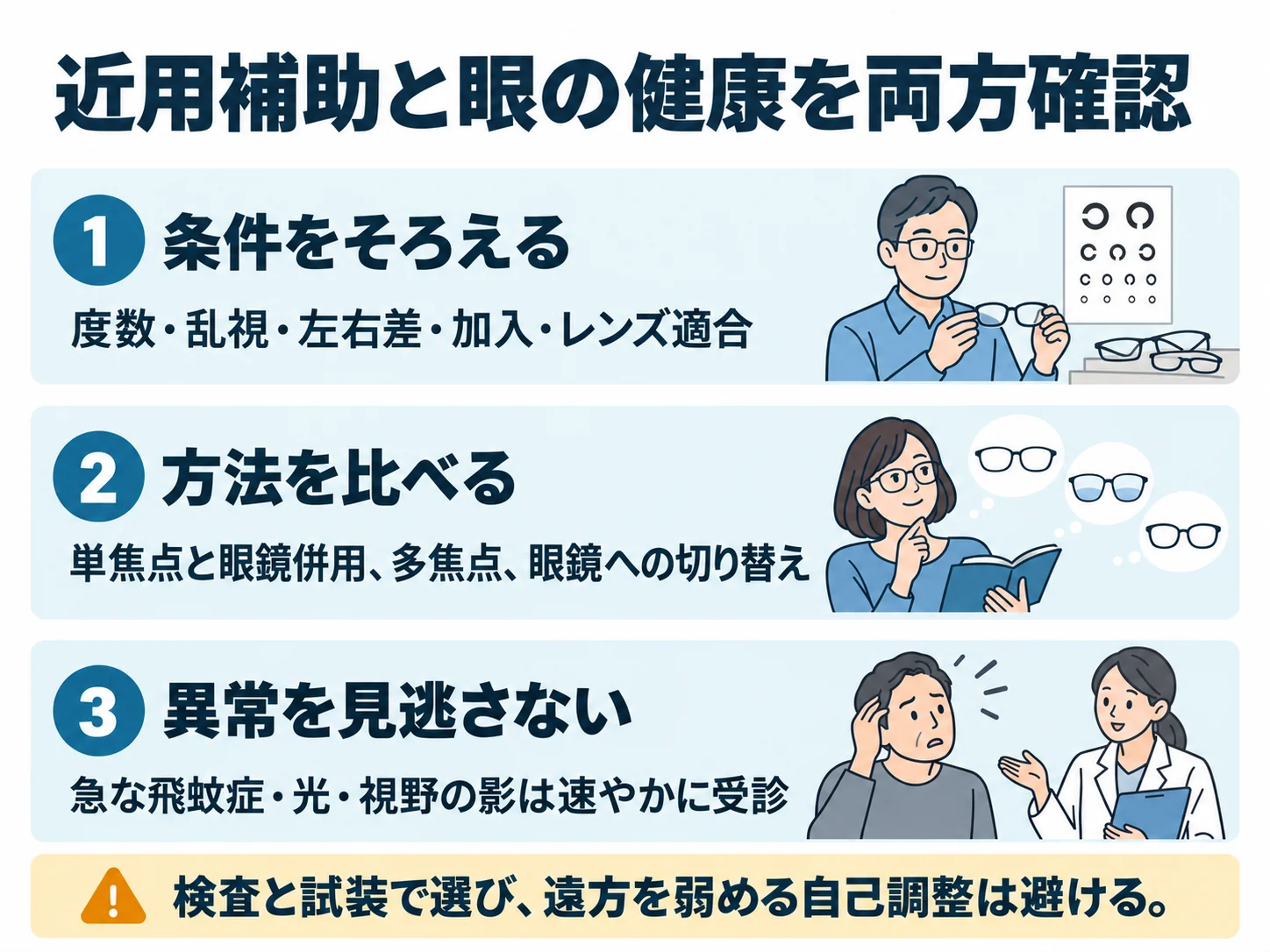 近用補助と眼の健康を両方確認。条件をそろえる：度数・乱視・左右差・加入・レンズ適合、方法を比べる：単焦点と眼鏡併用、多焦点、眼鏡への切り替え、異常を見逃さない：急な飛蚊症・光・視野の影は速やかに受診
