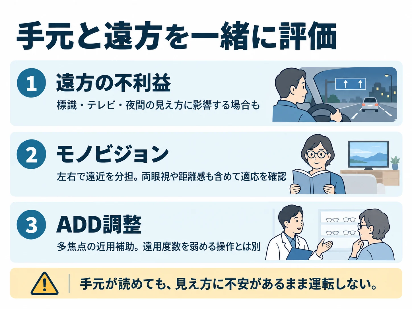 手元と遠方を一緒に評価。遠方の不利益：標識・テレビ・夜間の見え方に影響する場合も、モノビジョン：左右で遠近を分担。両眼視や距離感も含めて適応を確認、ADD調整：多焦点の近用補助。遠用度数を弱める操作とは別