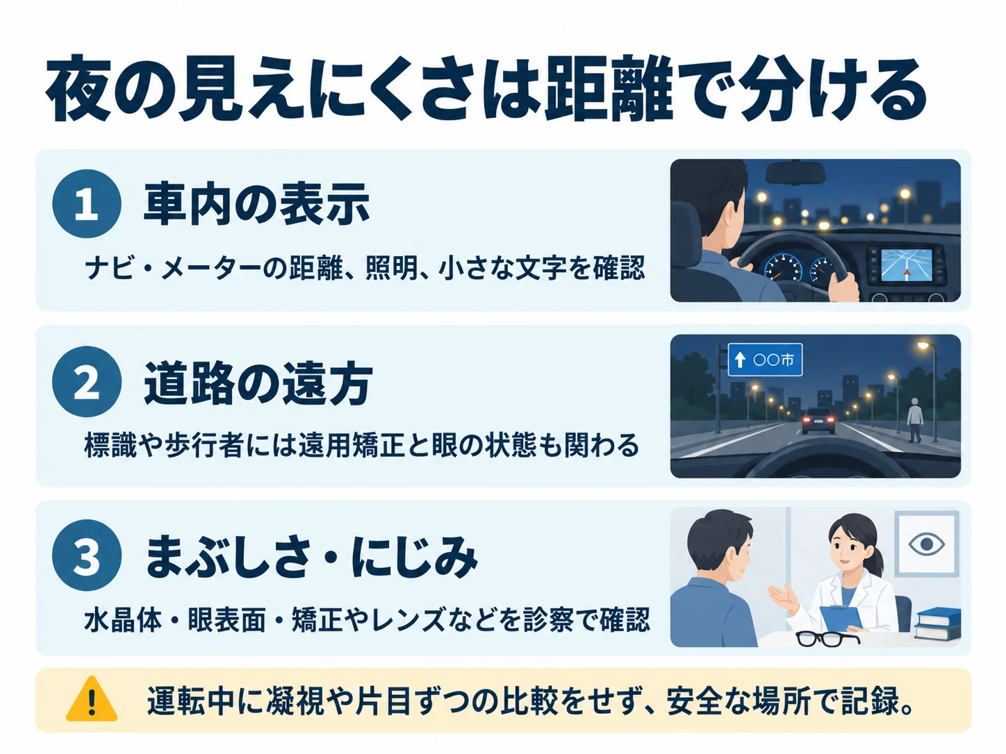 夜の見えにくさは距離で分ける。車内の表示:ナビ・メーターの距離、照明、小さな文字を確認、道路の遠方:標識や歩行者には遠用矯正と眼の状態も関わる、まぶしさ・にじみ:水晶体・眼表面・矯正やレンズなどを診察で確認