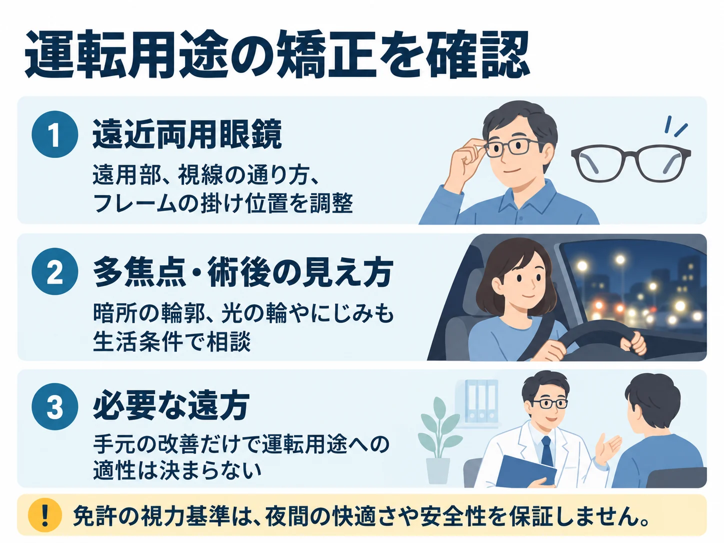 運転用途の矯正を確認。遠近両用眼鏡:遠用部、視線の通り方、フレームの掛け位置を調整、多焦点・術後の見え方:暗所の輪郭、光の輪やにじみも生活条件で相談、必要な遠方:手元の改善だけで運転用途への適性は決まらない