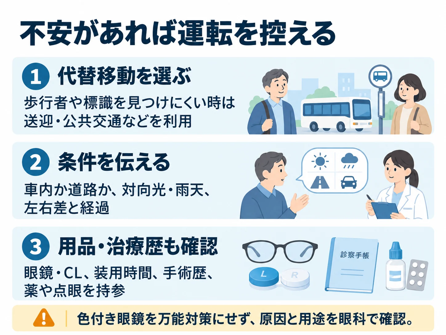不安があれば運転を控える。代替移動を選ぶ:歩行者や標識を見つけにくい時は送迎・公共交通などを利用、条件を伝える:車内か道路か、対向光・雨天、左右差と経過、用品・治療歴も確認:眼鏡・CL、装用時間、手術歴、薬や点眼を持参