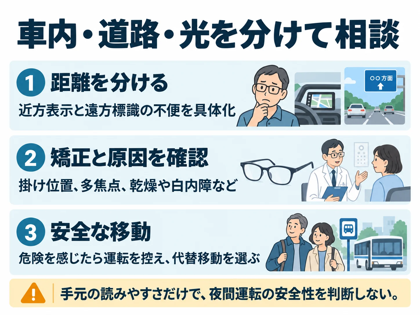 車内・道路・光を分けて相談。距離を分ける:近方表示と遠方標識の不便を具体化、矯正と原因を確認:掛け位置、多焦点、乾燥や白内障など、安全な移動:危険を感じたら運転を控え、代替移動を選ぶ