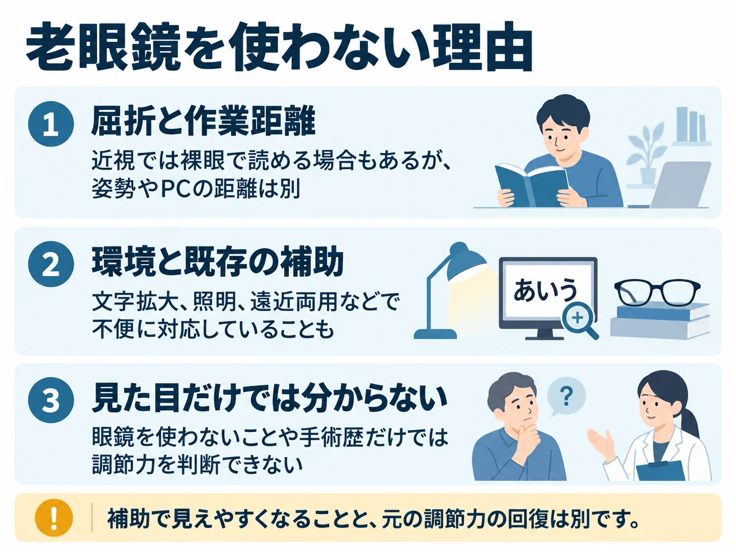 老眼鏡を使わない理由。屈折と作業距離:近視では裸眼で読める場合もあるが、姿勢やPCの距離は別、環境と既存の補助:文字拡大、照明、遠近両用などで不便に対応していることも、見た目だけでは分からない:眼鏡を使わないことや手術歴だけでは調節力を判断できない
