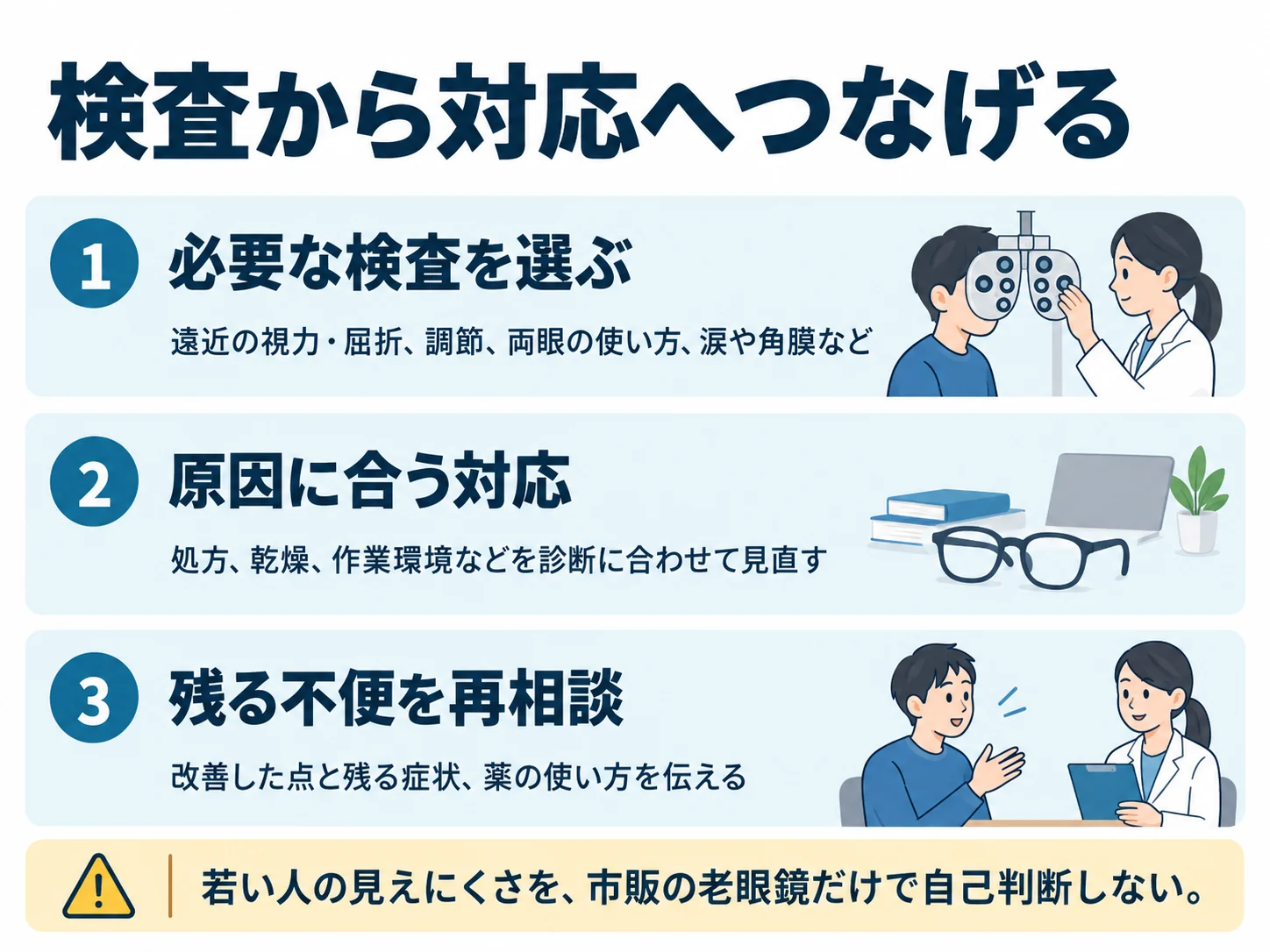 検査から対応へつなげる。必要な検査を選ぶ:遠近の視力・屈折、調節、両眼の使い方、涙や角膜など、原因に合う対応:処方、乾燥、作業環境などを診断に合わせて見直す、残る不便を再相談:改善した点と残る症状、薬の使い方を伝える