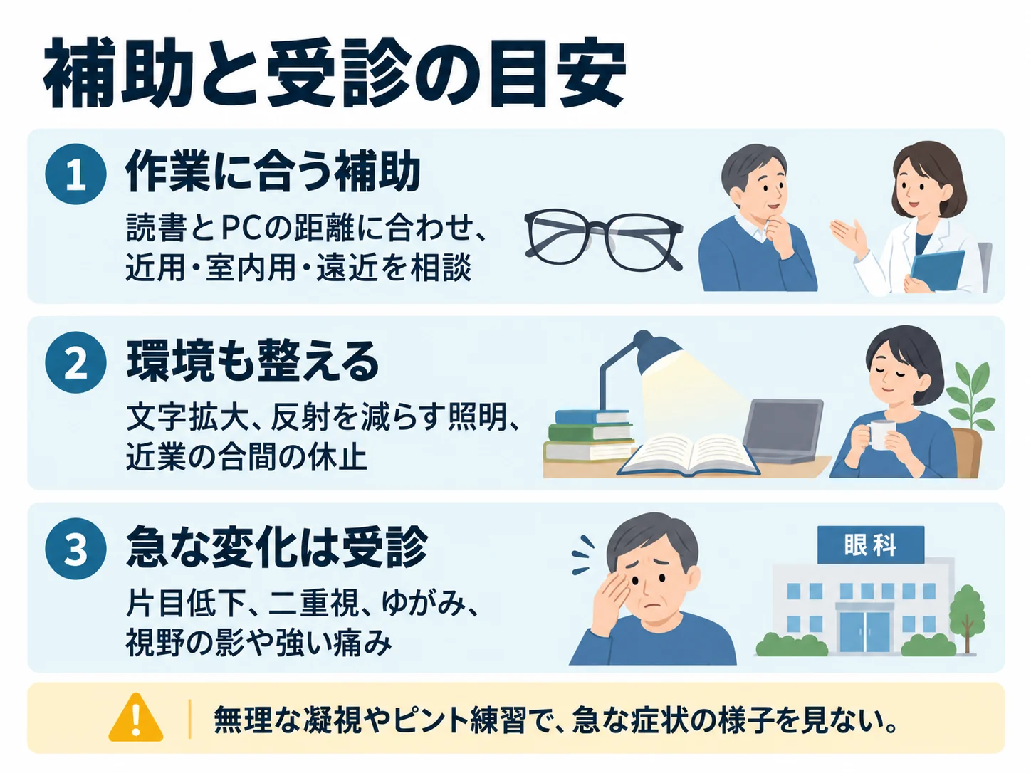 補助と受診の目安。作業に合う補助：読書とPCの距離に合わせ、近用・室内用・遠近を相談、環境も整える：文字拡大、反射を減らす照明、近業の合間の休止、急な変化は受診：片目低下、二重視、ゆがみ、視野の影や強い痛み