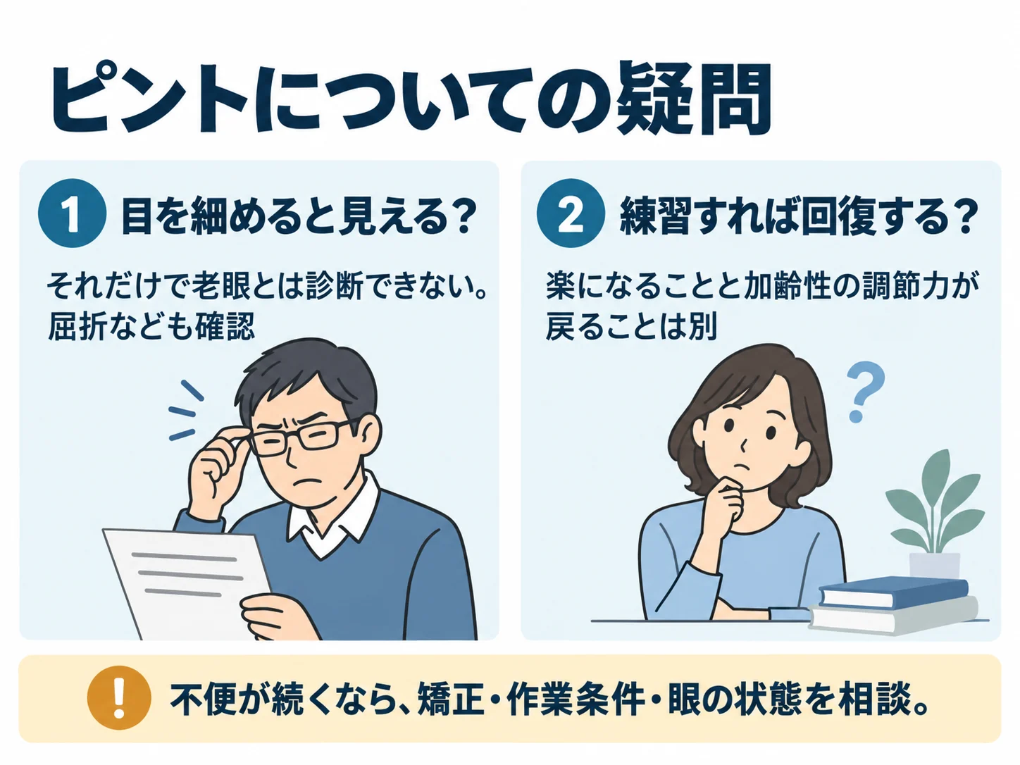 ピントについての疑問。目を細めると見える？：それだけで老眼とは診断できない。屈折なども確認、練習すれば回復する？：楽になることと加齢性の調節力が戻ることは別