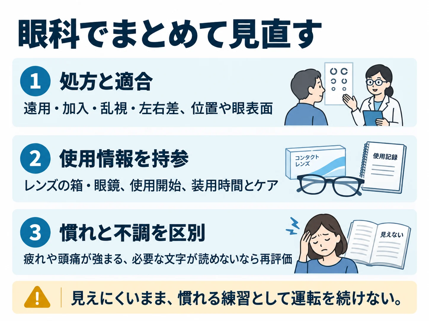 眼科でまとめて見直す。処方と適合：遠用・加入・乱視・左右差、位置や眼表面、使用情報を持参：レンズの箱・眼鏡、使用開始、装用時間とケア、慣れと不調を区別：疲れや頭痛が強まる、必要な文字が読めないなら再評価