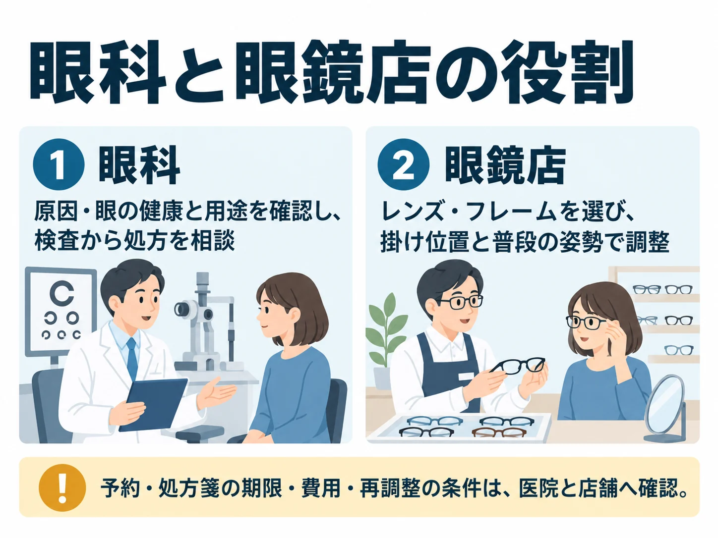 眼科と眼鏡店の役割。眼科：原因・眼の健康と用途を確認し、検査から処方を相談、眼鏡店：レンズ・フレームを選び、掛け位置と普段の姿勢で調整