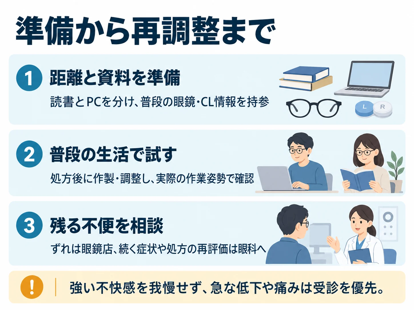 準備から再調整まで。距離と資料を準備：読書とPCを分け、普段の眼鏡・CL情報を持参、普段の生活で試す：処方後に作製・調整し、実際の作業姿勢で確認、残る不便を相談：ずれは眼鏡店、続く症状や処方の再評価は眼科へ