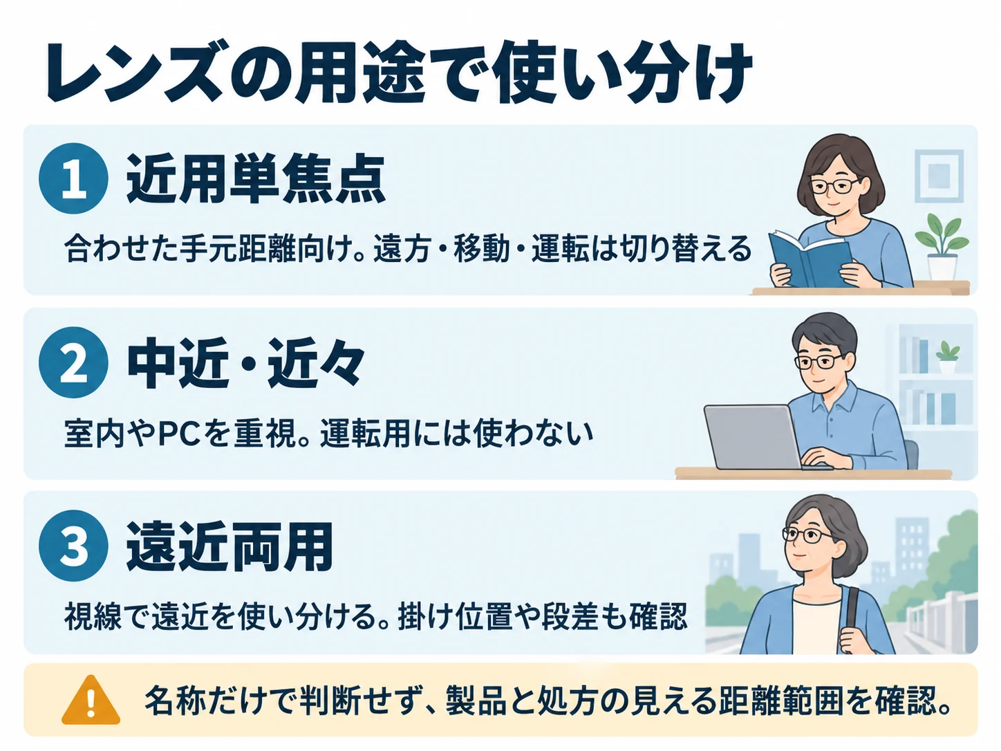 レンズの用途で使い分け。近用単焦点:合わせた手元距離向け。遠方・移動・運転は切り替える、中近・近々:室内やPCを重視。運転用には使わない、遠近両用:視線で遠近を使い分ける。掛け位置や段差も確認