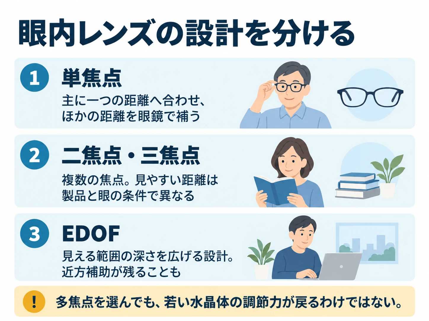 眼内レンズの設計を分ける。単焦点:主に一つの距離へ合わせ、ほかの距離を眼鏡で補う、二焦点・三焦点:複数の焦点。見やすい距離は製品と眼の条件で異なる、EDOF:見える範囲の深さを広げる設計。近方補助が残ることも