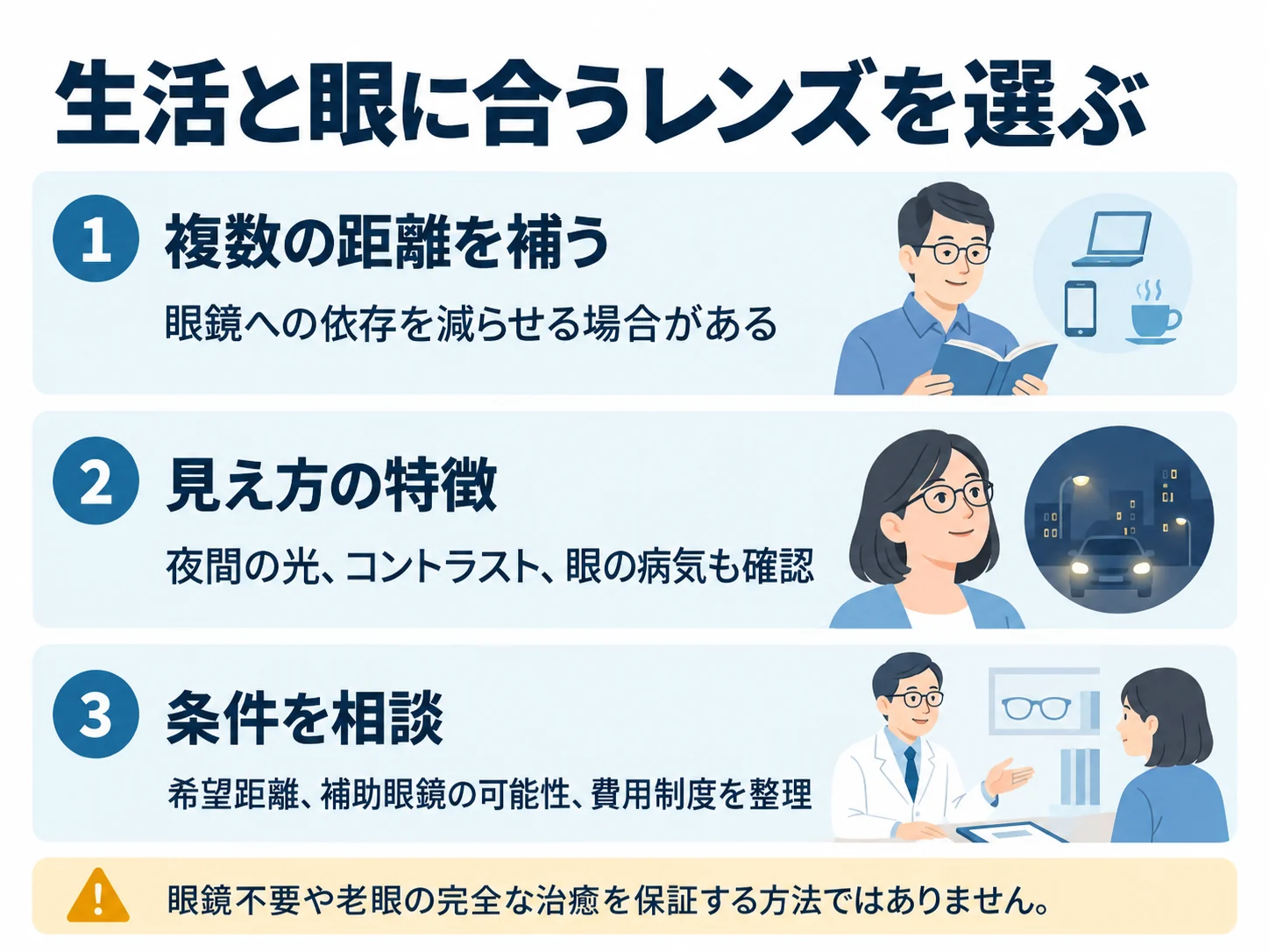 生活と眼に合うレンズを選ぶ。複数の距離を補う:眼鏡への依存を減らせる場合がある、見え方の特徴:夜間の光、コントラスト、眼の病気も確認、条件を相談:希望距離、補助眼鏡の可能性、費用制度を整理