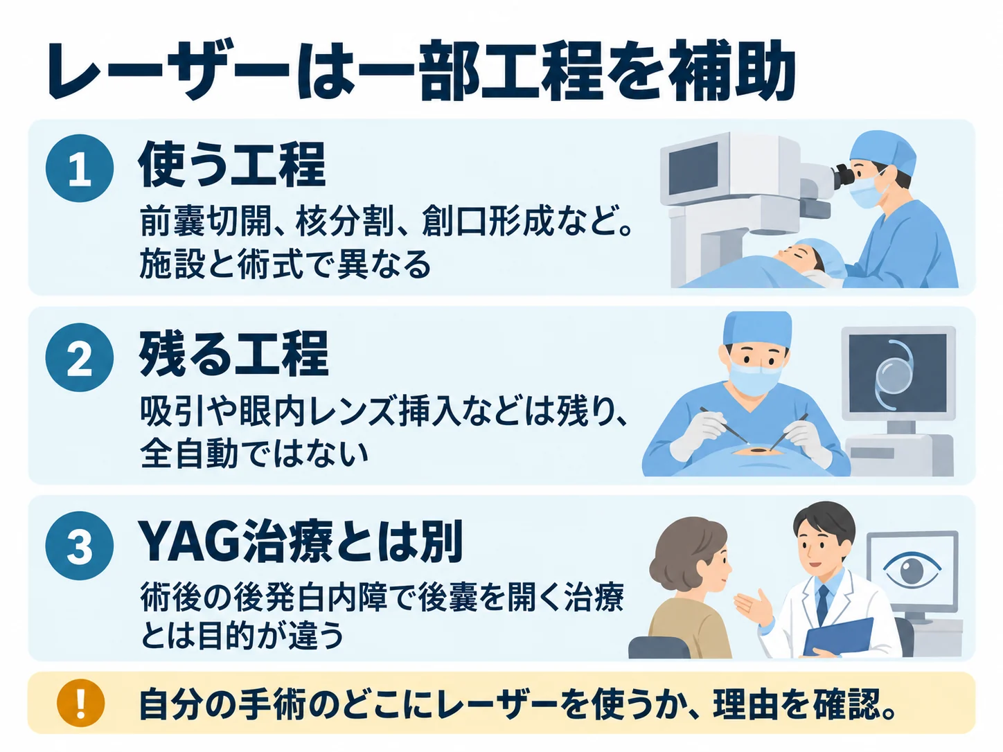 レーザーは一部工程を補助。使う工程:前嚢切開、核分割、創口形成など。施設と術式で異なる、残る工程:吸引や眼内レンズ挿入などは残り、全自動ではない、YAG治療とは別:術後の後発白内障で後嚢を開く治療とは目的が違う