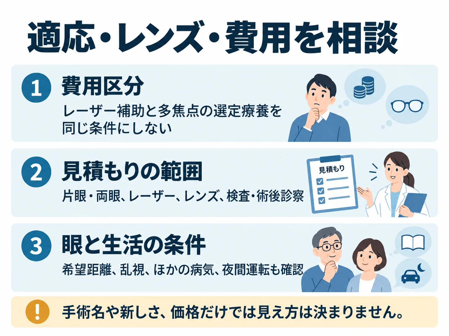 適応・レンズ・費用を相談。費用区分:レーザー補助と多焦点の選定療養を同じ条件にしない、見積もりの範囲:片眼・両眼、レーザー、レンズ、検査・術後診察、眼と生活の条件:希望距離、乱視、ほかの病気、夜間運転も確認