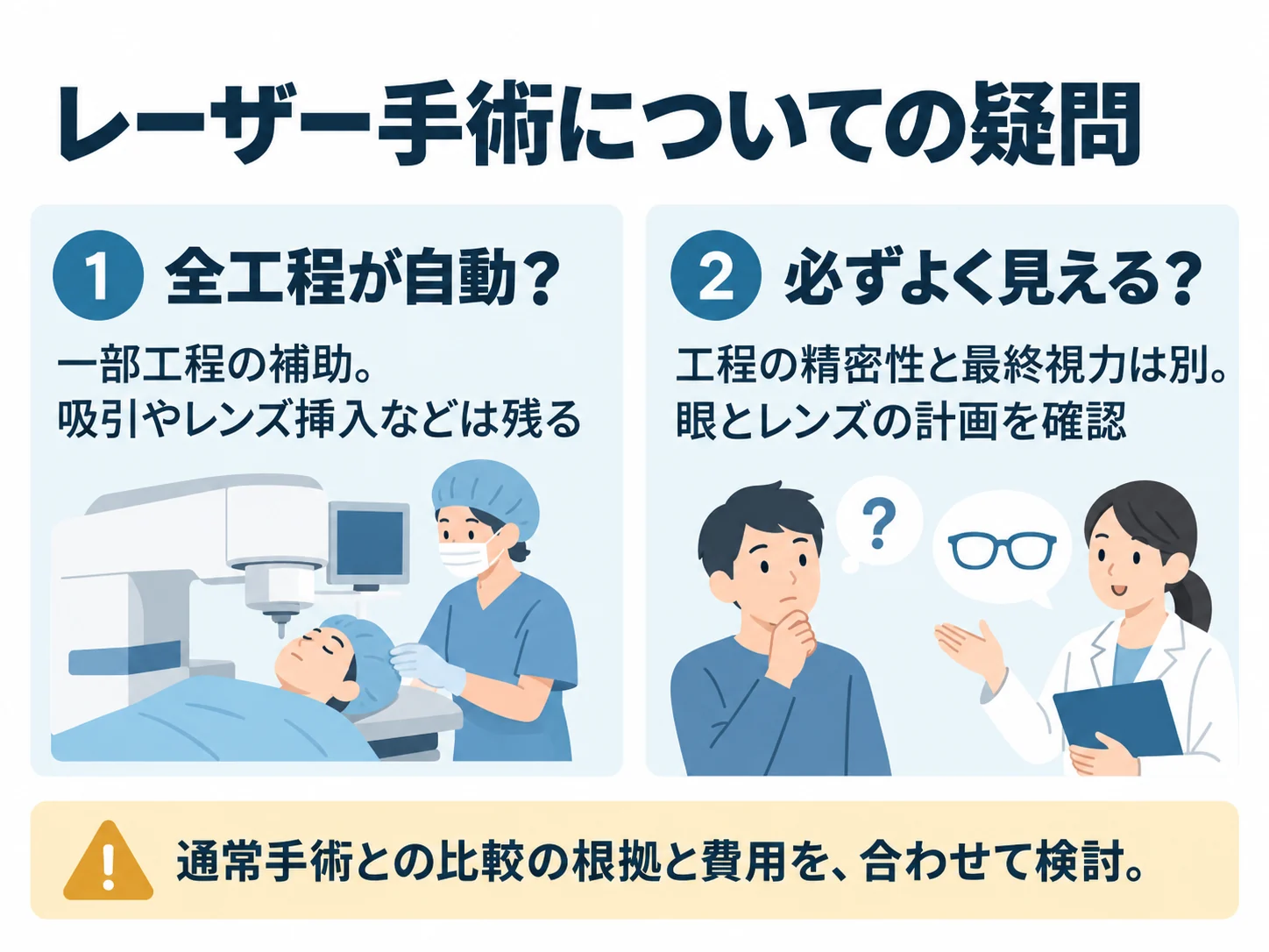 レーザー手術についての疑問。全工程が自動?:一部工程の補助。吸引やレンズ挿入などは残る、必ずよく見える?:工程の精密性と最終視力は別。眼とレンズの計画を確認