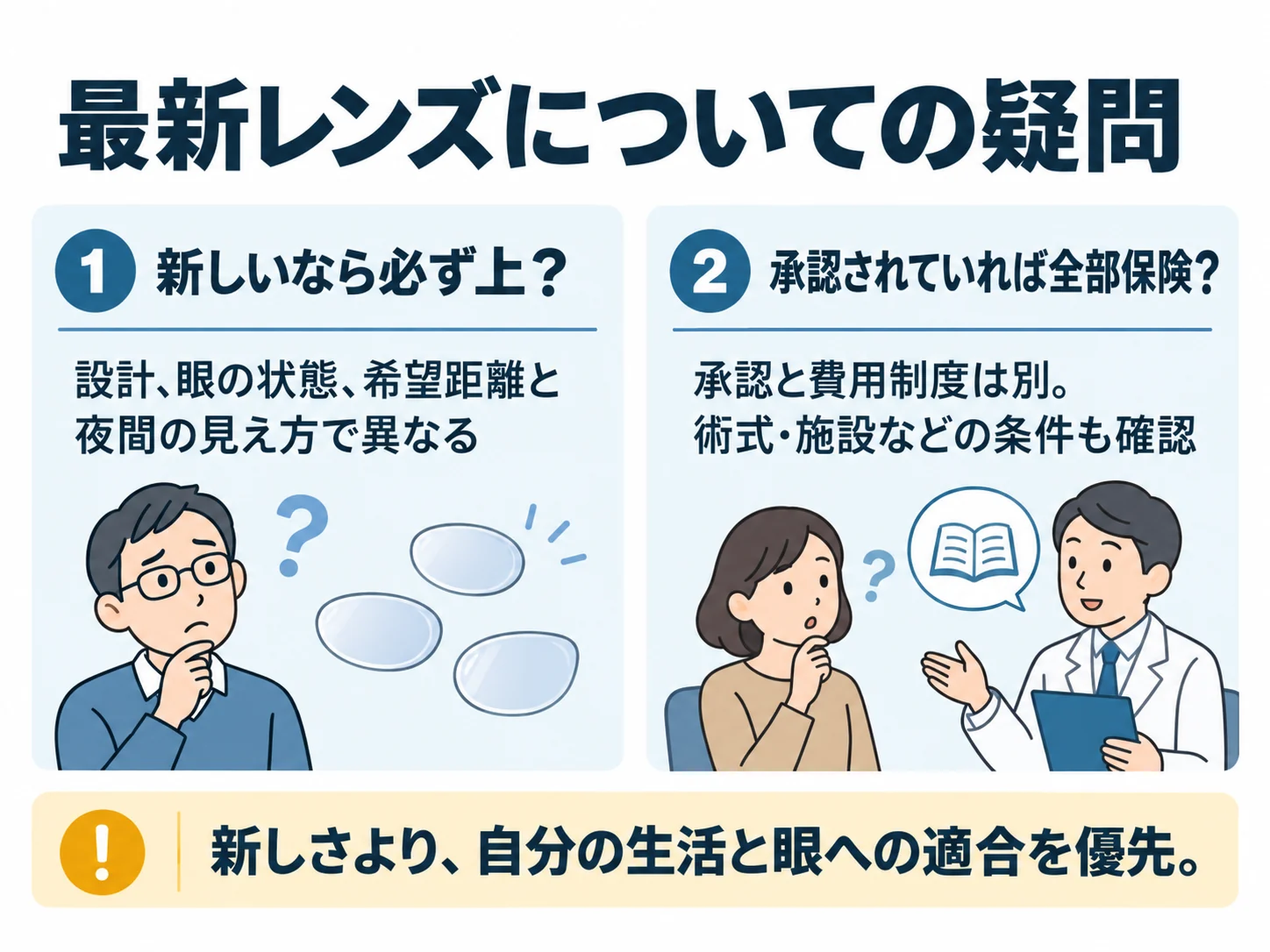 最新レンズについての疑問。新しいなら必ず上?:設計、眼の状態、希望距離と夜間の見え方で異なる、承認されていれば全部保険?:承認と費用制度は別。術式・施設などの条件も確認
