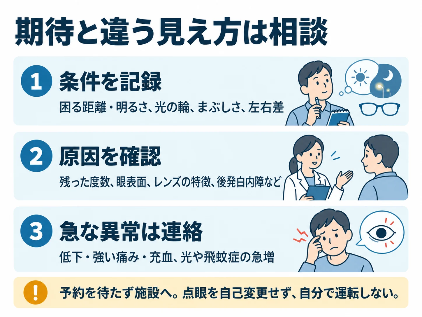 期待と違う見え方は相談。条件を記録:困る距離・明るさ、光の輪、まぶしさ、左右差、原因を確認:残った度数、眼表面、レンズの特徴、後発白内障など、急な異常は連絡:低下・強い痛み・充血、光や飛蚊症の急増