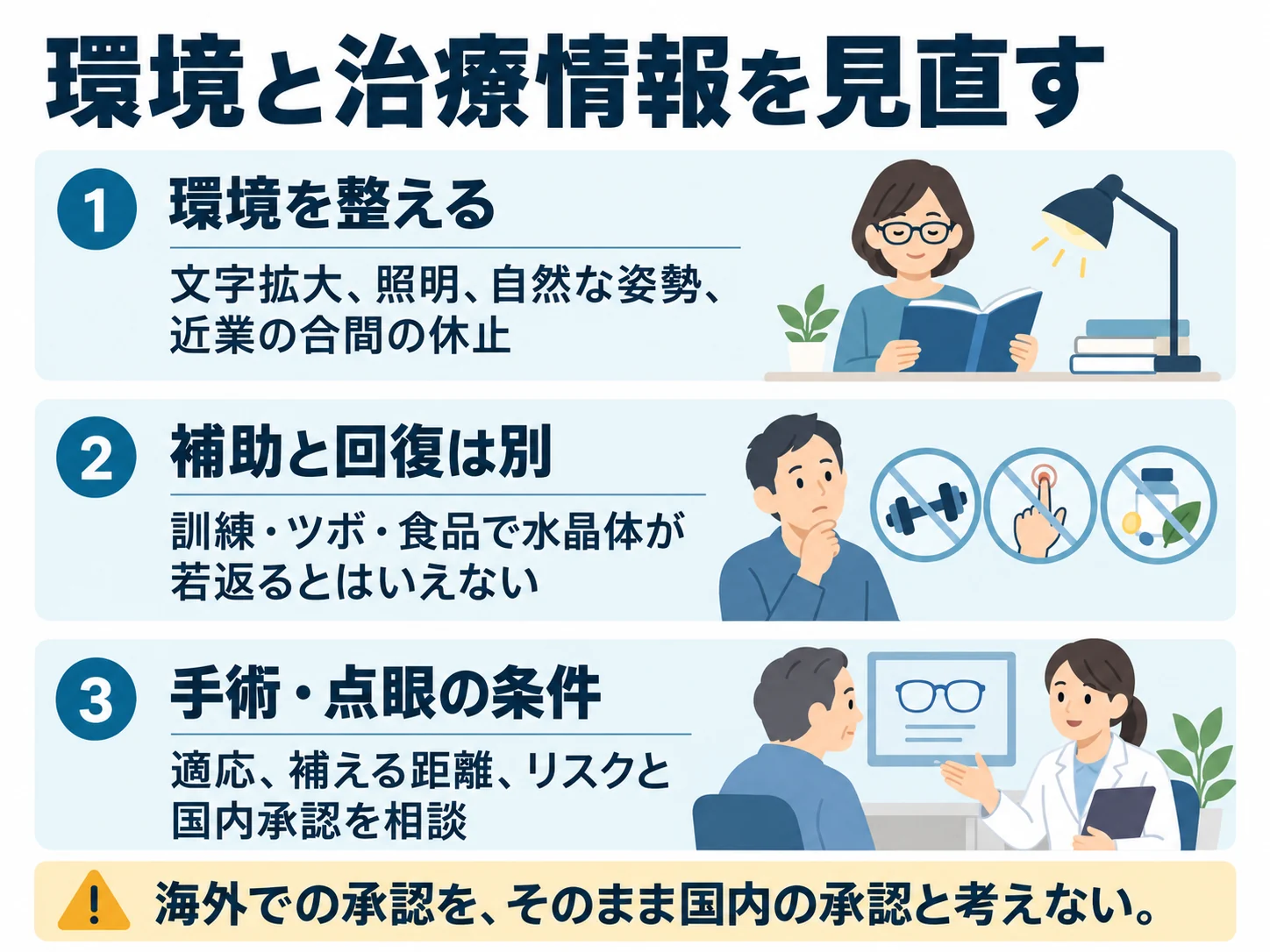 環境と治療情報を見直す。環境を整える:文字拡大、照明、自然な姿勢、近業の合間の休止、補助と回復は別:訓練・ツボ・食品で水晶体が若返るとはいえない、手術・点眼の条件:適応、補える距離、リスクと国内承認を相談
