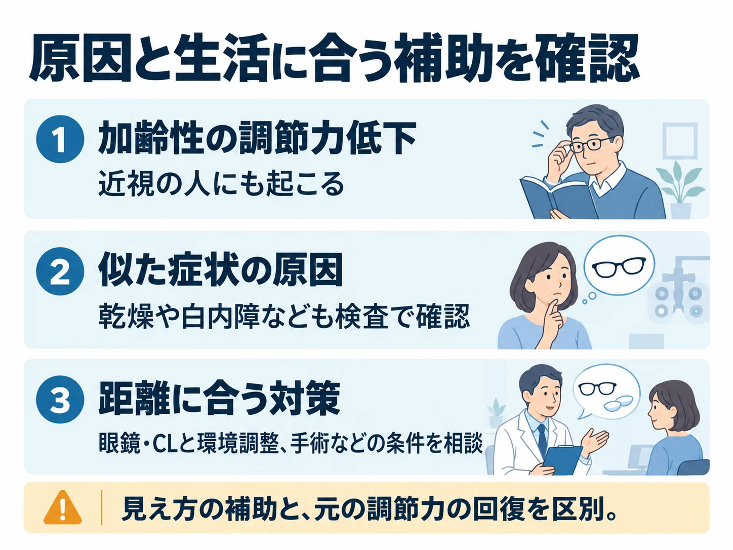 原因と生活に合う補助を確認。加齢性の調節力低下:近視の人にも起こる、似た症状の原因:乾燥や白内障なども検査で確認、距離に合う対策:眼鏡・CLと環境調整、手術などの条件を相談