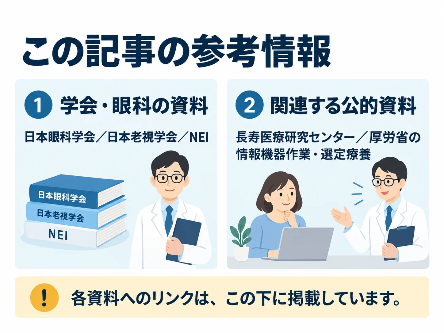 この記事の参考情報。学会・眼科の資料:日本眼科学会/日本老視学会/NEI、関連する公的資料:長寿医療研究センター/厚労省の情報機器作業・選定療養