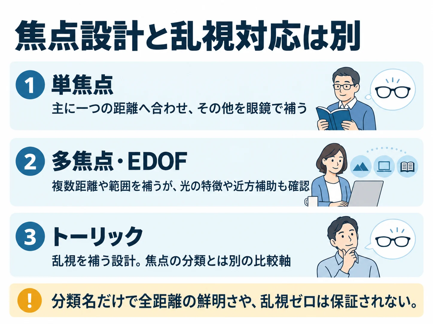 焦点設計と乱視対応は別。単焦点:主に一つの距離へ合わせ、その他を眼鏡で補う、多焦点・EDOF:複数距離や範囲を補うが、光の特徴や近方補助も確認、トーリック:乱視を補う設計。焦点の分類とは別の比較軸
