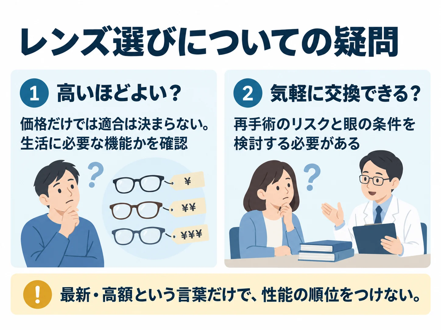 レンズ選びについての疑問。高いほどよい?:価格だけでは適合は決まらない。生活に必要な機能かを確認、気軽に交換できる?:再手術のリスクと眼の条件を検討する必要がある