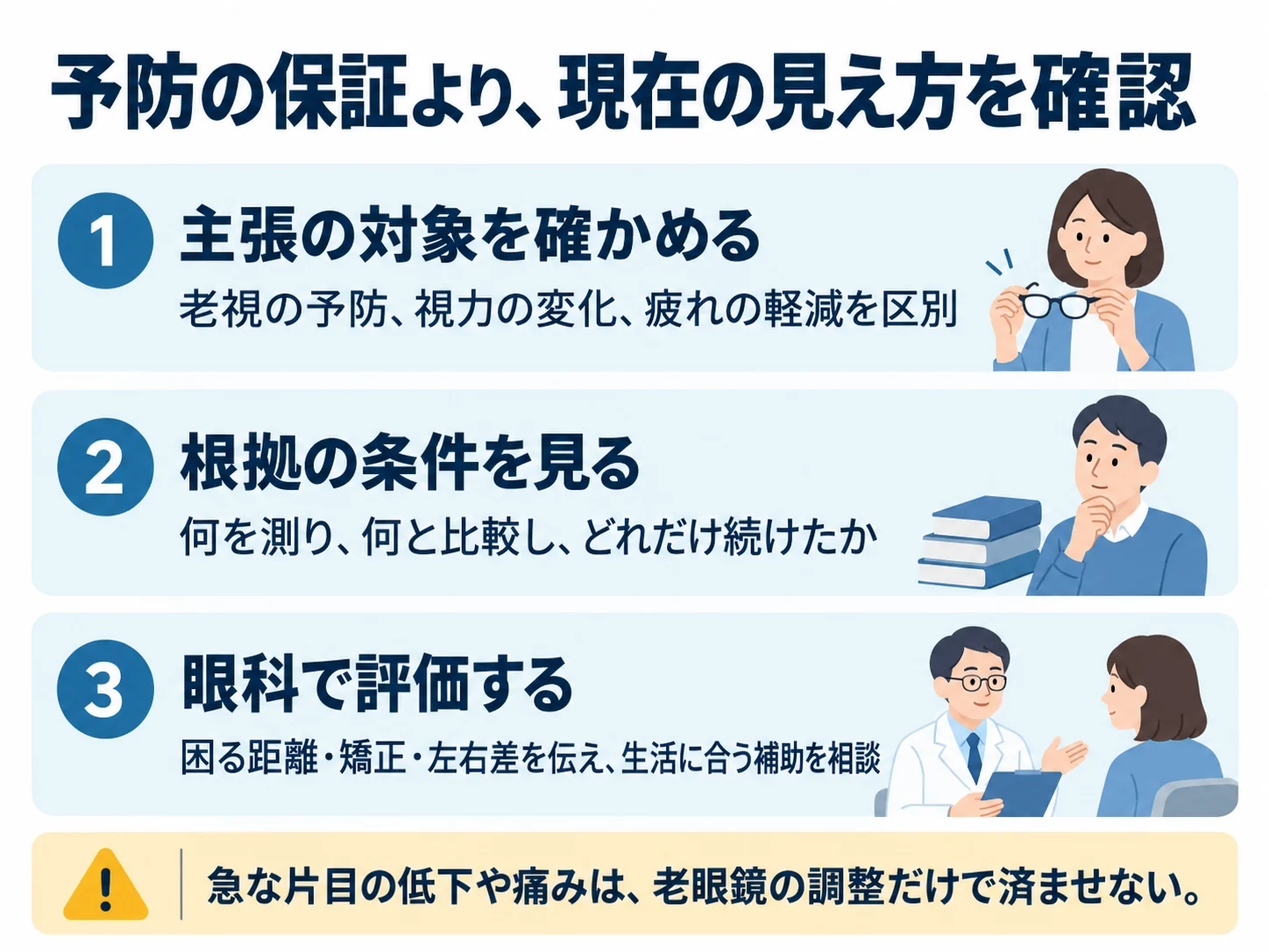 予防の保証より、現在の見え方を確認。主張の対象を確かめる：老視の予防、視力の変化、疲れの軽減を区別、根拠の条件を見る：何を測り、何と比較し、どれだけ続けたか、眼科で評価する：困る距離・矯正・左右差を伝え、生活に合う補助を相談
