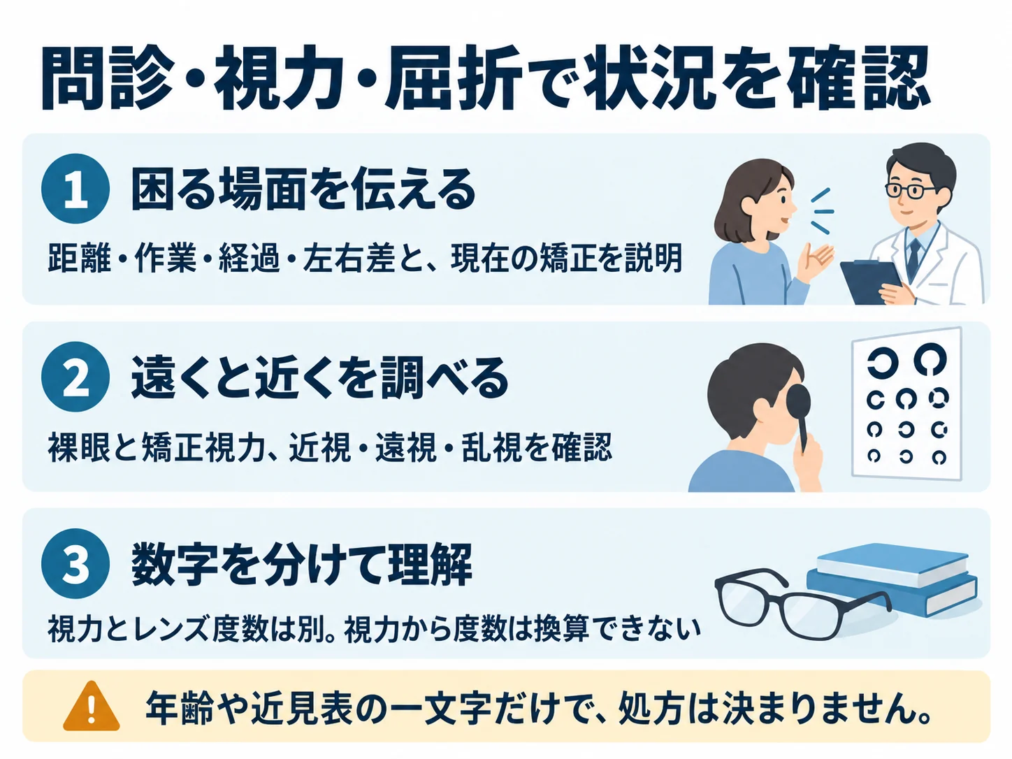 問診・視力・屈折で状況を確認。困る場面を伝える：距離・作業・経過・左右差と、現在の矯正を説明、遠くと近くを調べる：裸眼と矯正視力、近視・遠視・乱視を確認、数字を分けて理解：視力とレンズ度数は別。視力から度数は換算できない