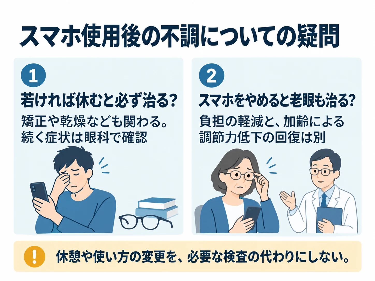 スマホ使用後の不調についての疑問。若ければ休むと必ず治る？：矯正や乾燥なども関わる。続く症状は眼科で確認、スマホをやめると老眼も治る？：負担の軽減と、加齢による調節力低下の回復は別