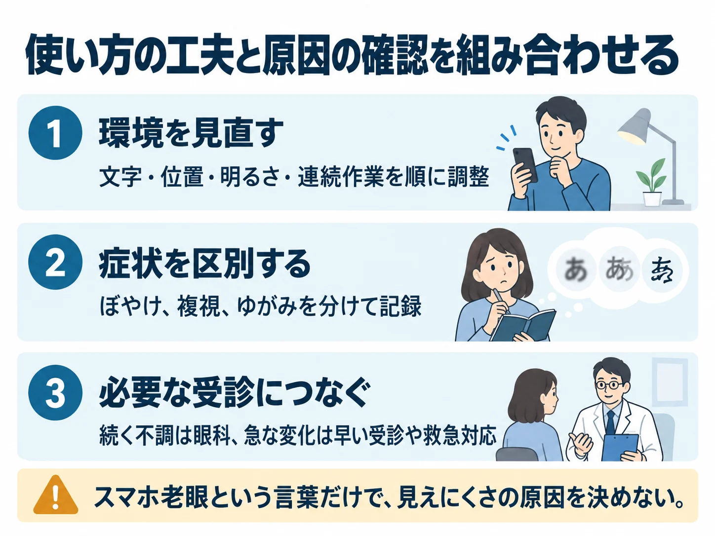 使い方の工夫と原因の確認を組み合わせる。環境を見直す：文字・位置・明るさ・連続作業を順に調整、症状を区別する：ぼやけ、複視、ゆがみを分けて記録、必要な受診につなぐ：続く不調は眼科、急な変化は早い受診や救急対応