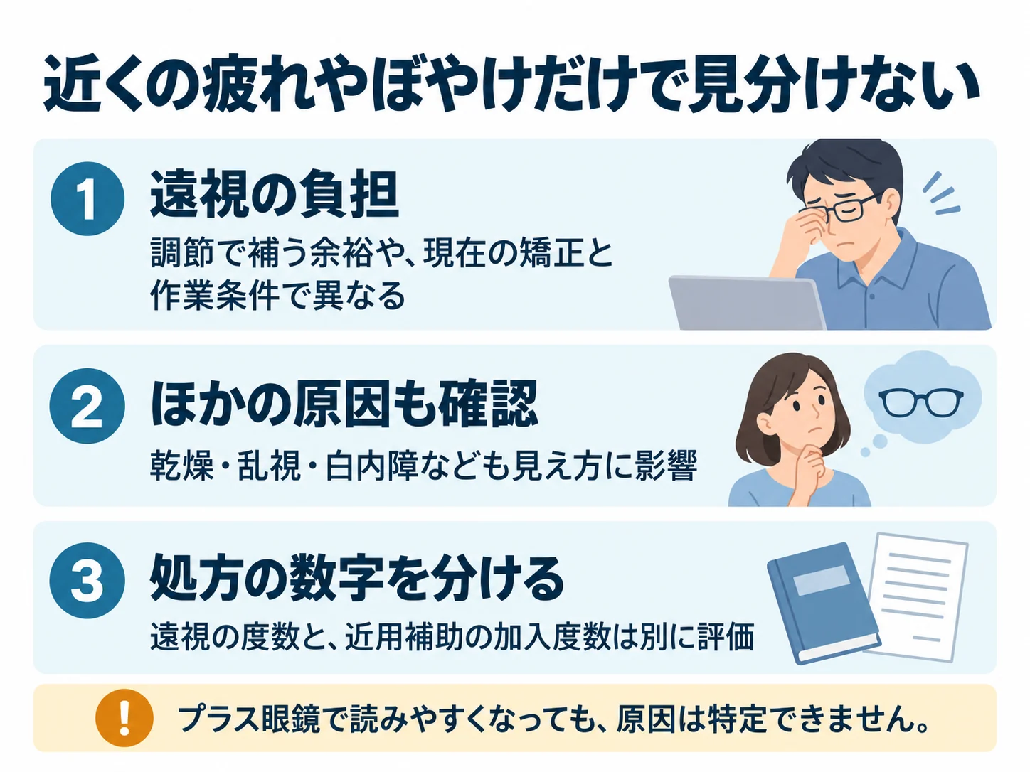 近くの疲れやぼやけだけで見分けない。遠視の負担：調節で補う余裕や、現在の矯正と作業条件で異なる、ほかの原因も確認：乾燥・乱視・白内障なども見え方に影響、処方の数字を分ける：遠視の度数と、近用補助の加入度数は別に評価