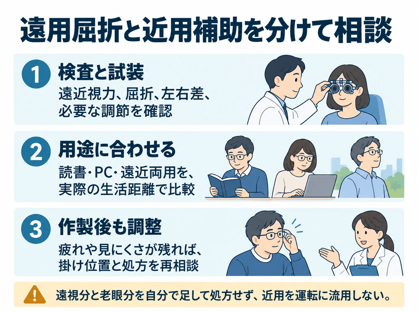遠用屈折と近用補助を分けて相談。検査と試装：遠近視力、屈折、左右差、必要な調節を確認、用途に合わせる：読書・PC・遠近両用を、実際の生活距離で比較、作製後も調整：疲れや見にくさが残れば、掛け位置と処方を再相談