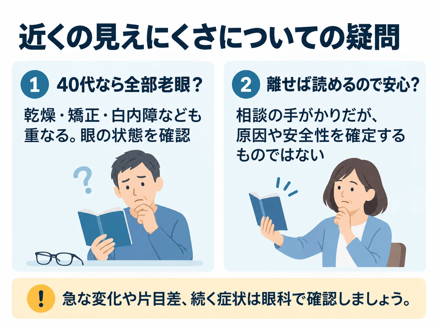 近くの見えにくさについての疑問。40代なら全部老眼?:乾燥・矯正・白内障なども重なる。眼の状態を確認、離せば読めるので安心?:相談の手がかりだが、原因や安全性を確定するものではない