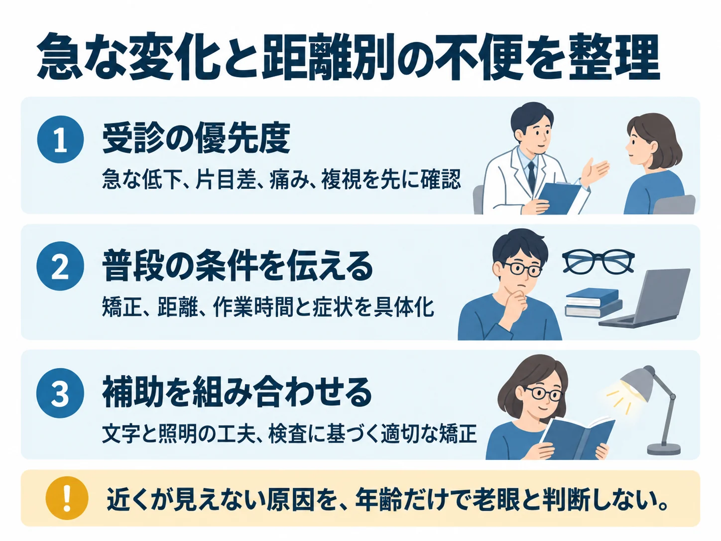 急な変化と距離別の不便を整理。受診の優先度:急な低下、片目差、痛み、複視を先に確認、普段の条件を伝える:矯正、距離、作業時間と症状を具体化、補助を組み合わせる:文字と照明の工夫、検査に基づく適切な矯正