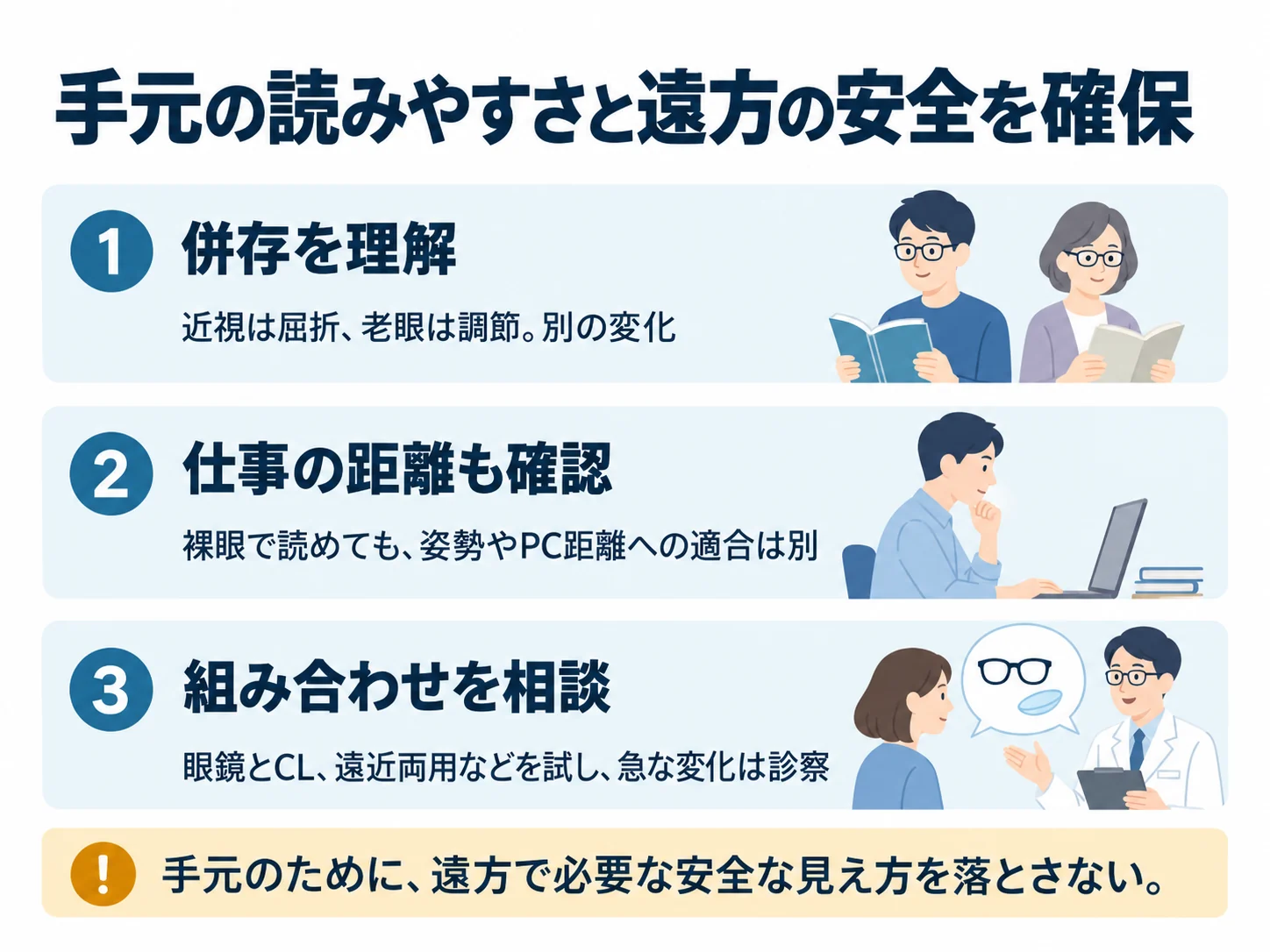 手元の読みやすさと遠方の安全を確保。併存を理解：近視は屈折、老眼は調節。別の変化、仕事の距離も確認：裸眼で読めても、姿勢やPC距離への適合は別、組み合わせを相談：眼鏡とCL、遠近両用などを試し、急な変化は診察