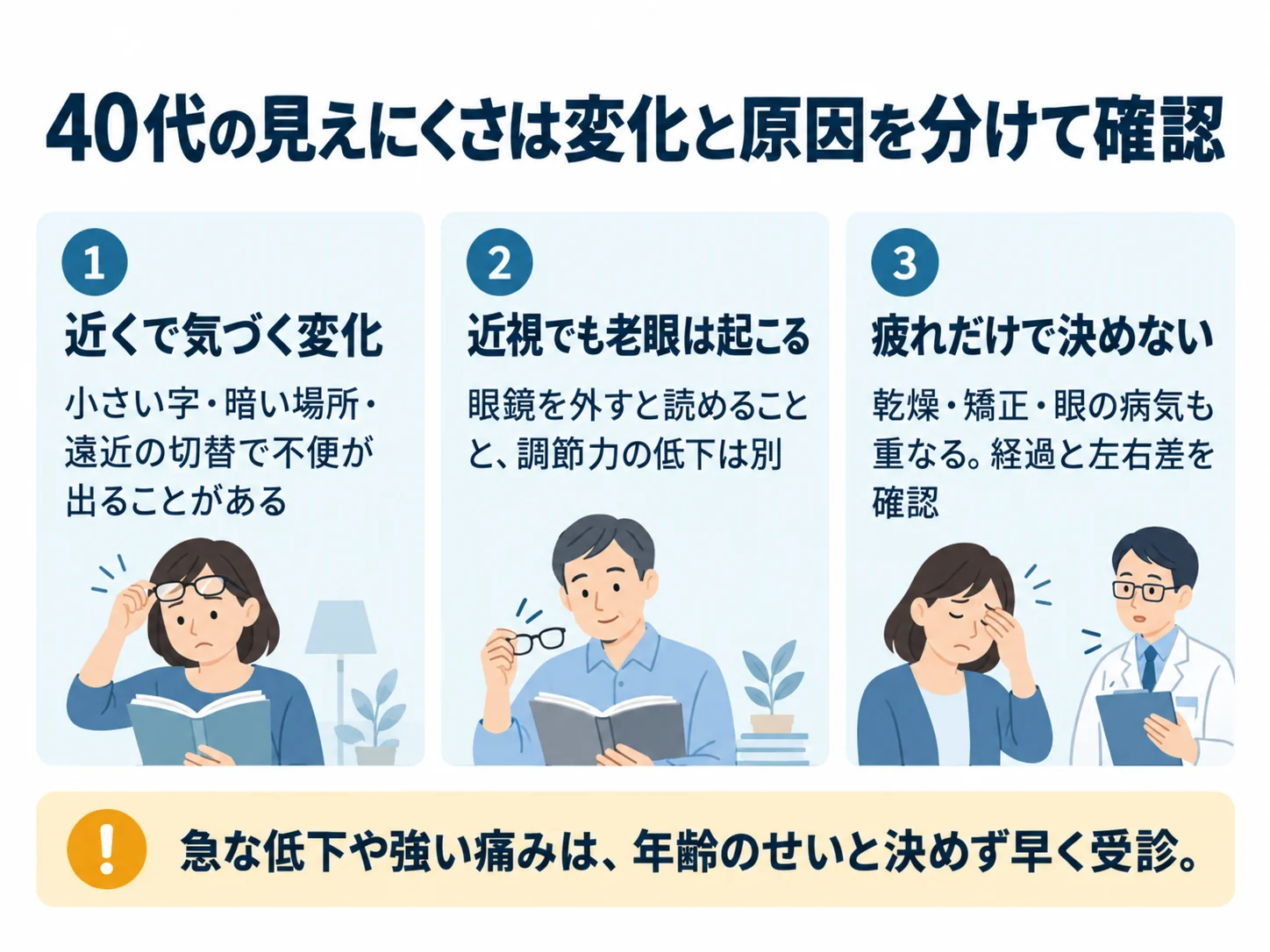 40代の見えにくさは変化と原因を分けて確認。近くで気づく変化：小さい字・暗い場所・遠近の切替で不便が出ることがある、近視でも老眼は起こる：眼鏡を外すと読めることと、調節力の低下は別、疲れだけで決めない：乾燥・矯正・眼の病気も重なる。経過と左右差を確認