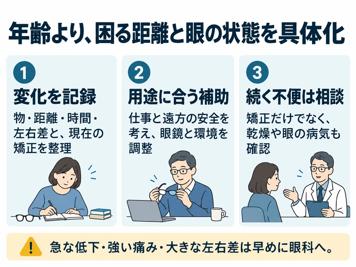 年齢より、困る距離と眼の状態を具体化。変化を記録：物・距離・時間・左右差と、現在の矯正を整理、用途に合う補助：仕事と遠方の安全を考え、眼鏡と環境を調整、続く不便は相談：矯正だけでなく、乾燥や眼の病気も確認