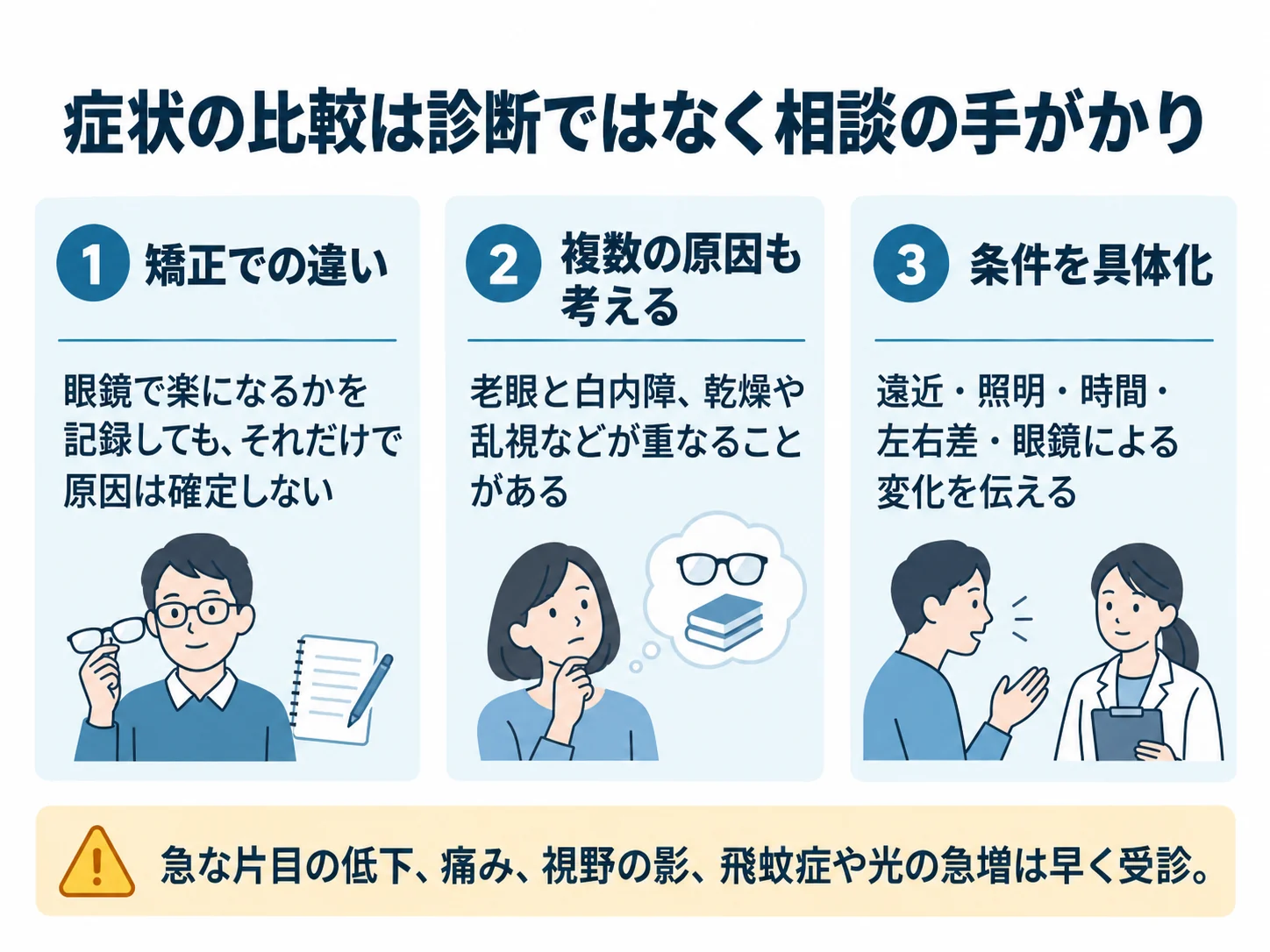 症状の比較は診断ではなく相談の手がかり。矯正での違い：眼鏡で楽になるかを記録しても、それだけで原因は確定しない、複数の原因も考える：老眼と白内障、乾燥や乱視などが重なることがある、条件を具体化：遠近・照明・時間・左右差・眼鏡による変化を伝える
