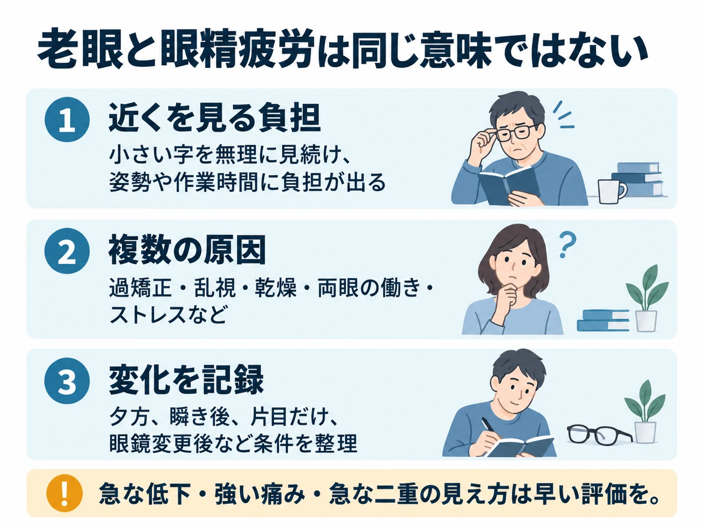 老眼と眼精疲労は同じ意味ではない。近くを見る負担:小さい字を無理に見続け、姿勢や作業時間に負担が出る、複数の原因:過矯正・乱視・乾燥・両眼の働き・ストレスなど、変化を記録:夕方、瞬き後、片目だけ、眼鏡変更後など条件を整理