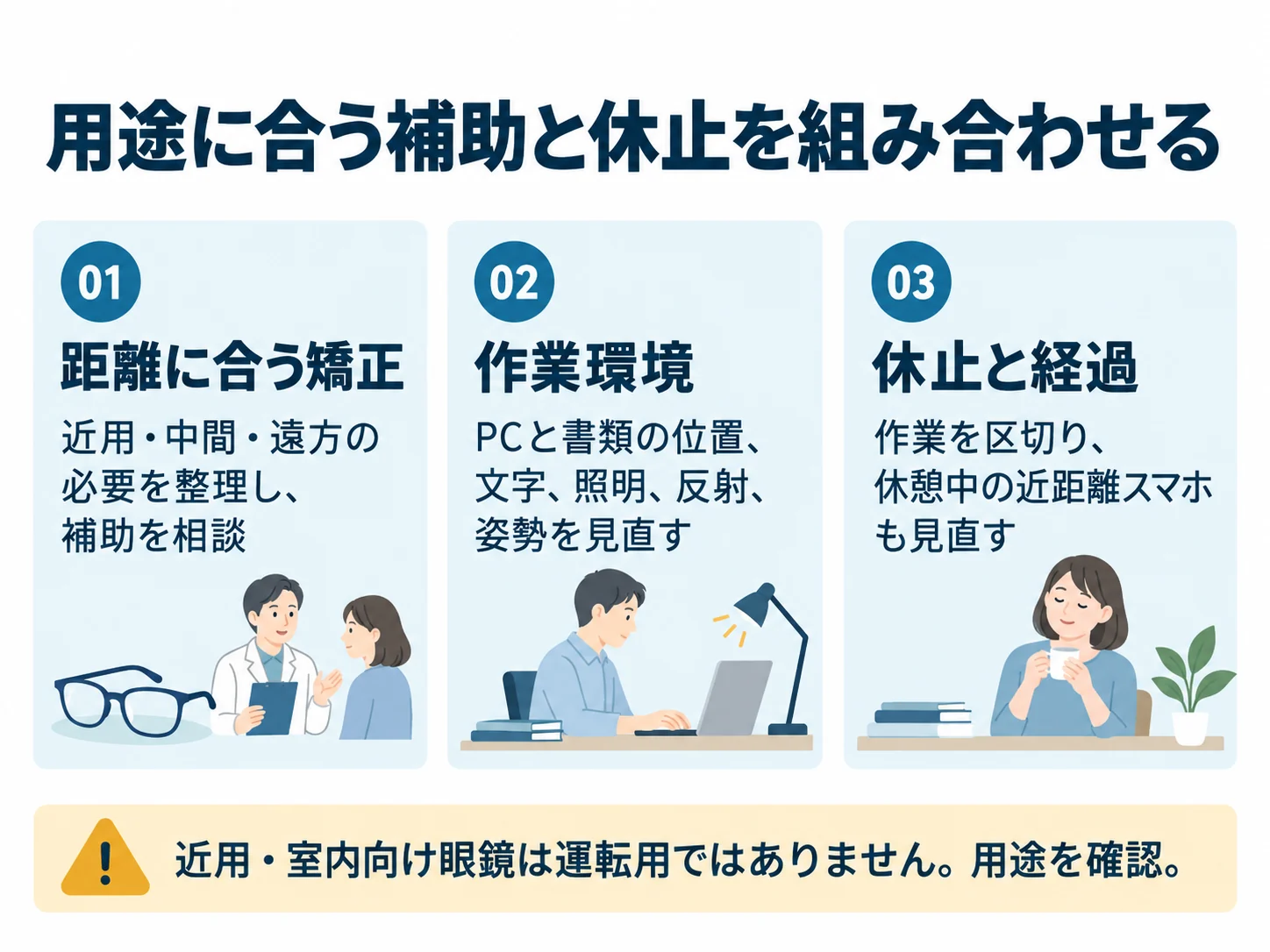 用途に合う補助と休止を組み合わせる。距離に合う矯正:近用・中間・遠方の必要を整理し、補助を相談、作業環境:PCと書類の位置、文字、照明、反射、姿勢を見直す、休止と経過:作業を区切り、休憩中の近距離スマホも見直す