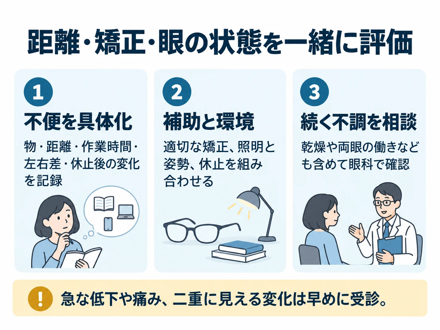 距離・矯正・眼の状態を一緒に評価。不便を具体化:物・距離・作業時間・左右差・休止後の変化を記録、補助と環境:適切な矯正、照明と姿勢、休止を組み合わせる、続く不調を相談:乾燥や両眼の働きなども含めて眼科で確認