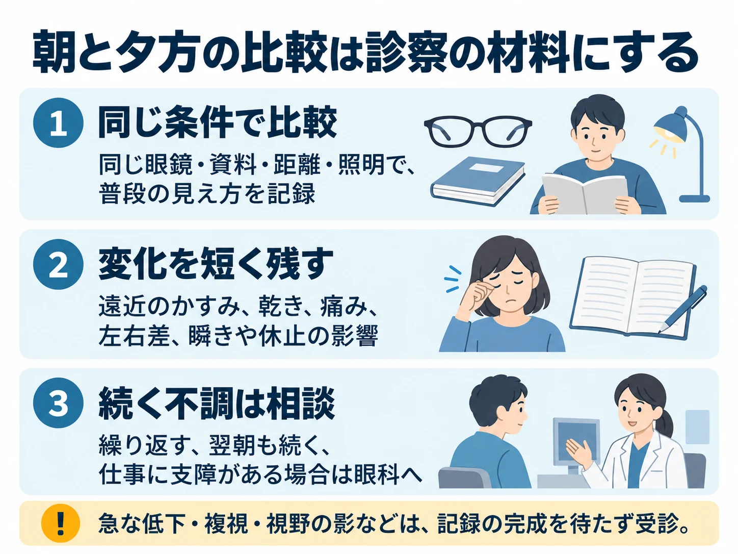 朝と夕方の比較は診察の材料にする。同じ条件で比較：同じ眼鏡・資料・距離・照明で、普段の見え方を記録、変化を短く残す：遠近のかすみ、乾き、痛み、左右差、瞬きや休止の影響、続く不調は相談：繰り返す、翌朝も続く、仕事に支障がある場合は眼科へ