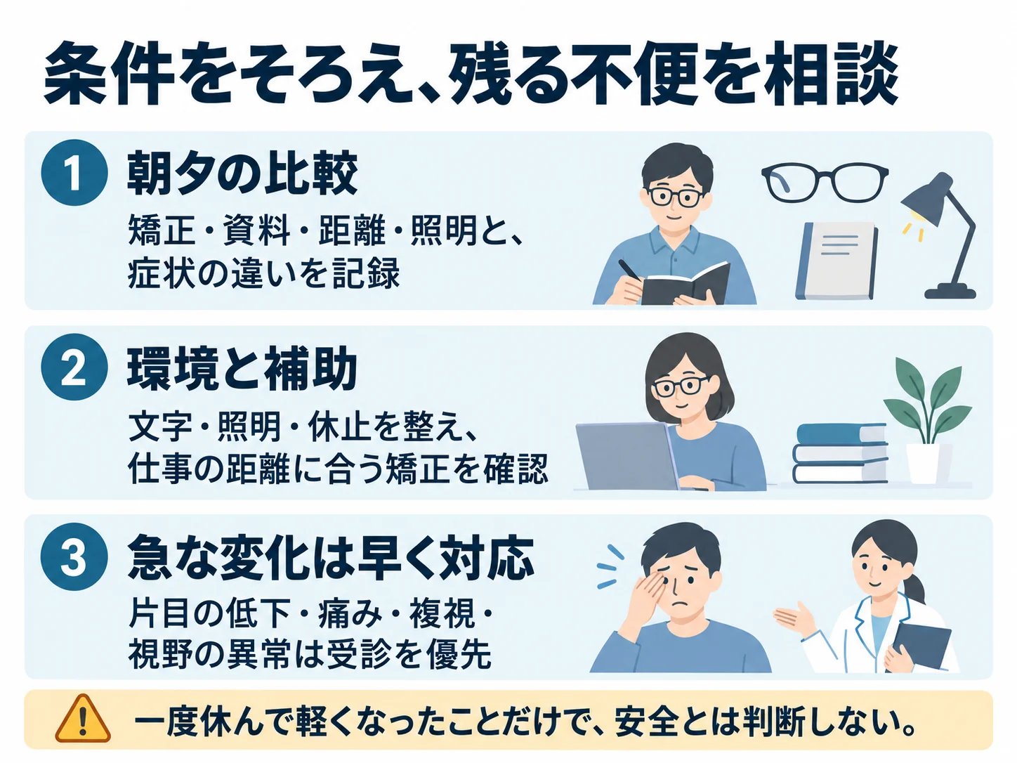 条件をそろえ、残る不便を相談。朝夕の比較：矯正・資料・距離・照明と、症状の違いを記録、環境と補助：文字・照明・休止を整え、仕事の距離に合う矯正を確認、急な変化は早く対応：片目の低下・痛み・複視・視野の異常は受診を優先