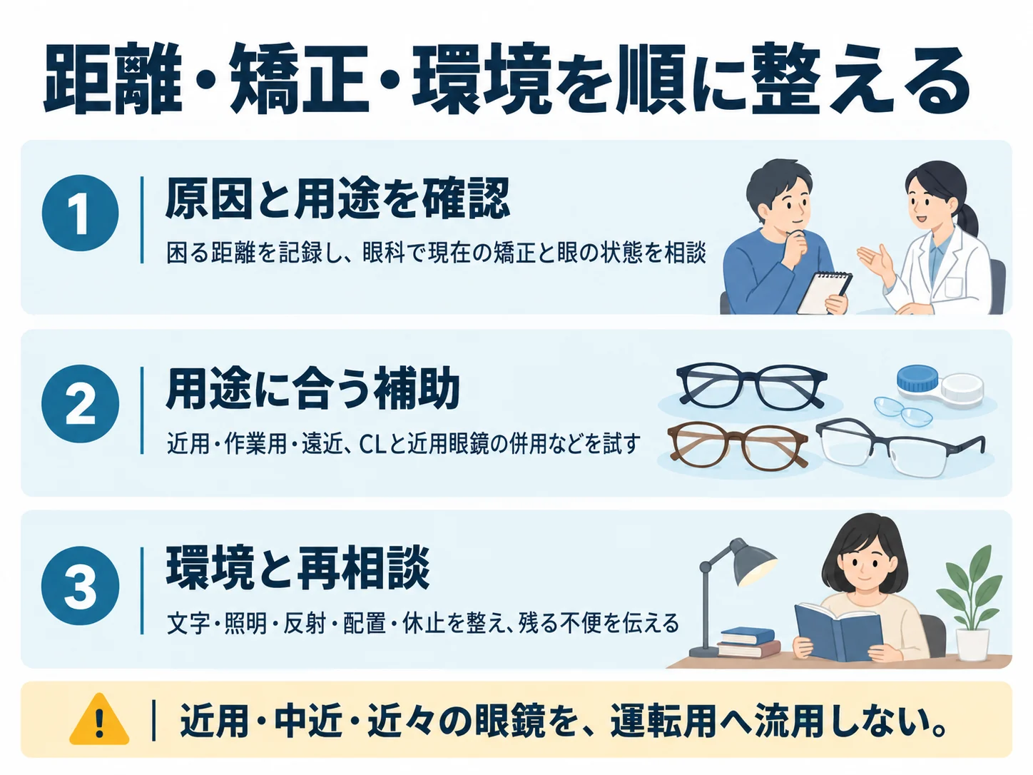 距離・矯正・環境を順に整える。原因と用途を確認：困る距離を記録し、眼科で現在の矯正と眼の状態を相談、用途に合う補助：近用・作業用・遠近、CLと近用眼鏡の併用などを試す、環境と再相談：文字・照明・反射・配置・休止を整え、残る不便を伝える