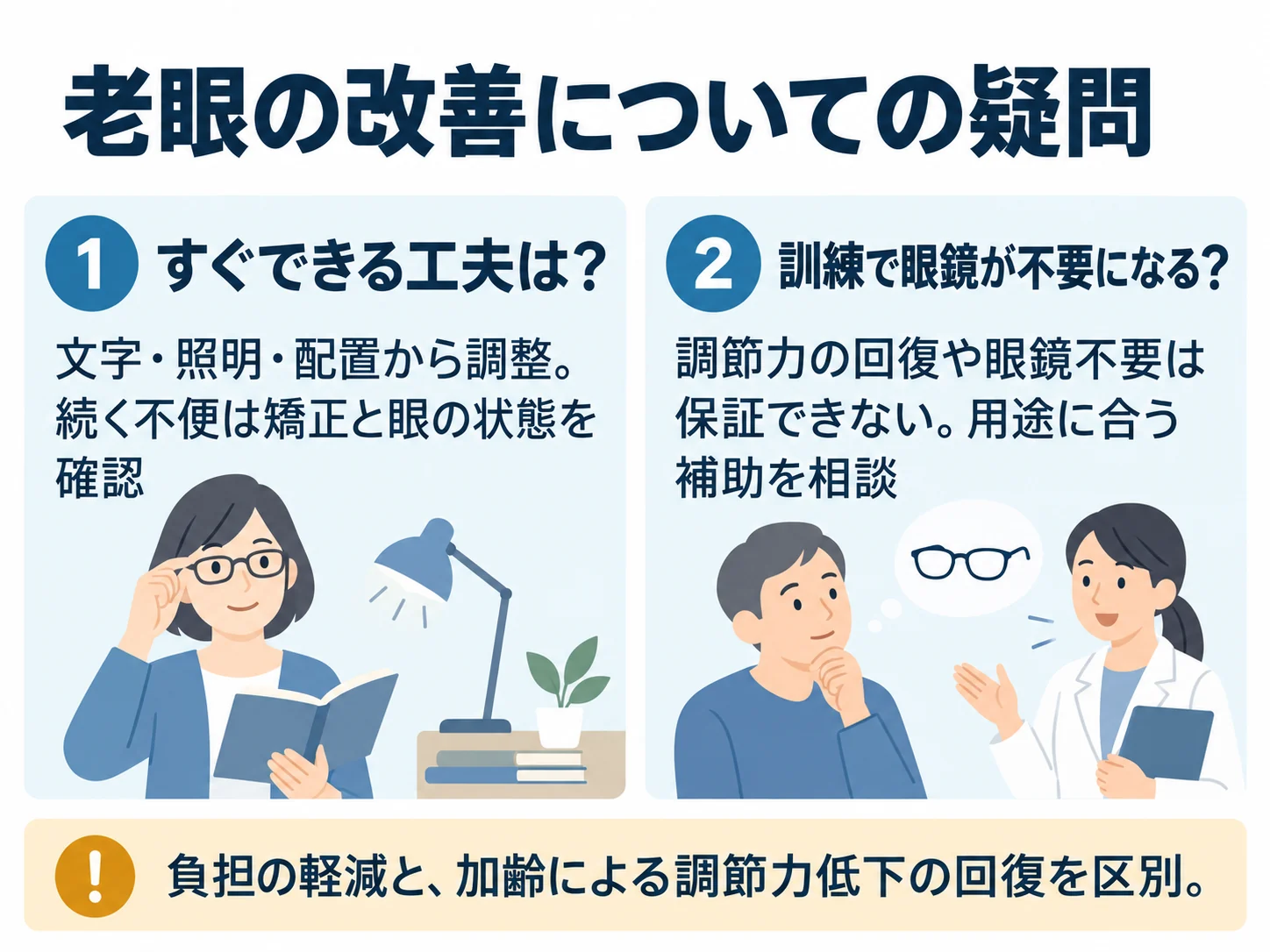 老眼の改善についての疑問。すぐできる工夫は？：文字・照明・配置から調整。続く不便は矯正と眼の状態を確認、訓練で眼鏡が不要になる？：調節力の回復や眼鏡不要は保証できない。用途に合う補助を相談
