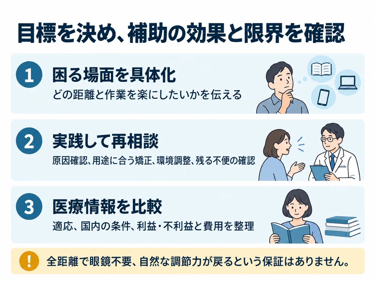 目標を決め、補助の効果と限界を確認。困る場面を具体化：どの距離と作業を楽にしたいかを伝える、実践して再相談：原因確認、用途に合う矯正、環境調整、残る不便の確認、医療情報を比較：適応、国内の条件、利益・不利益と費用を整理