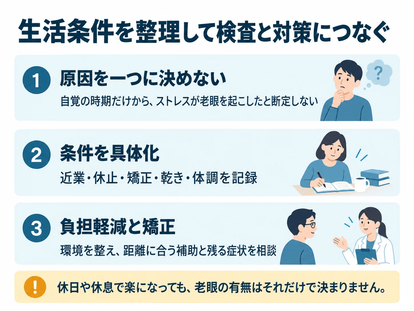 生活条件を整理して検査と対策につなぐ。原因を一つに決めない：自覚の時期だけから、ストレスが老眼を起こしたと断定しない、条件を具体化：近業・休止・矯正・乾き・体調を記録、負担軽減と矯正：環境を整え、距離に合う補助と残る症状を相談