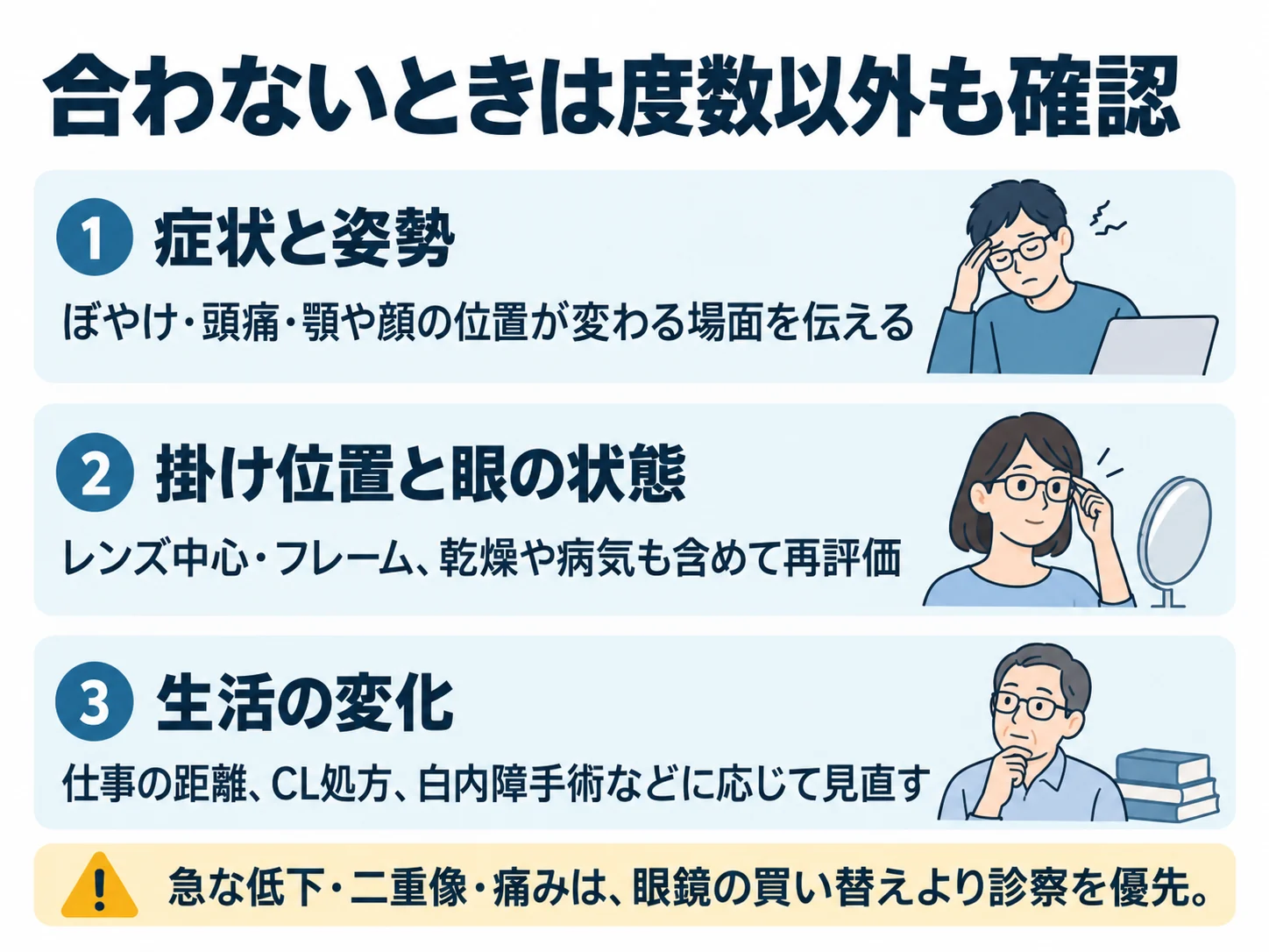 合わないときは度数以外も確認。症状と姿勢：ぼやけ・頭痛・顎や顔の位置が変わる場面を伝える、掛け位置と眼の状態：レンズ中心・フレーム、乾燥や病気も含めて再評価、生活の変化：仕事の距離、CL処方、白内障手術などに応じて見直す